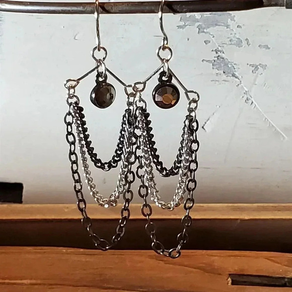 Silver Gunmetal Grey Handcrafted Triple Chain Crystal Dangle Earrings - Picture 2 of 8